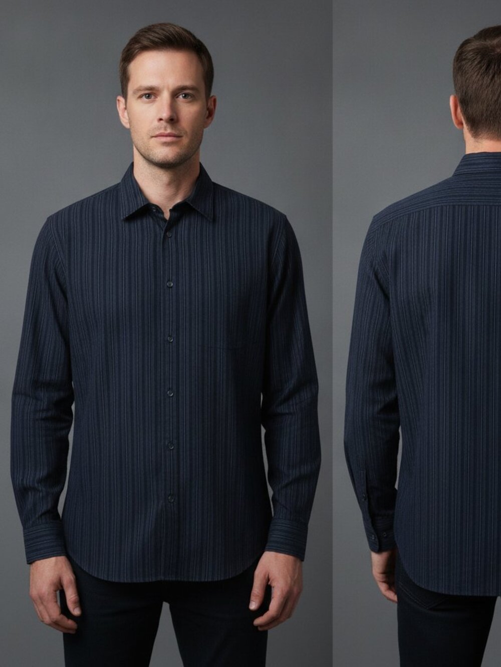 Calvin Klein Men's Button-Up Stripped Shirt Black Light Blue and Mid Blue L
